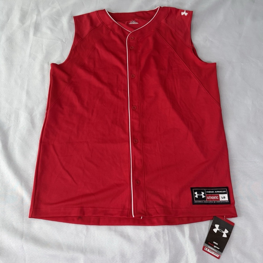 NWT Under Armour Heat Gear Sleeveless Button Up Red Baseball Jersey Men's Large